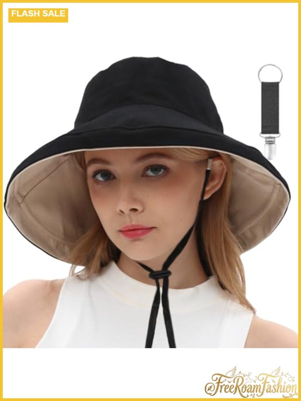 Womens Reversible Cotton Wide Brim Bucket Sun Hat UPF50+ with Chin Strap